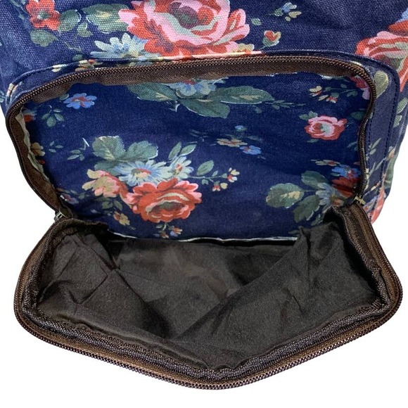 Navy Blue Pink Floral Faux Leather Trimmed Machine Washable Backpack Book Bag - Picture 4 of 6